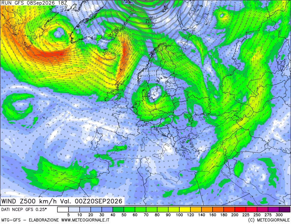 mappa 500 hPa Vento forza e direzione