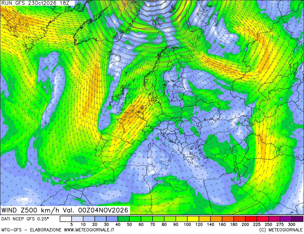 mappa 500 hPa Vento forza e direzione