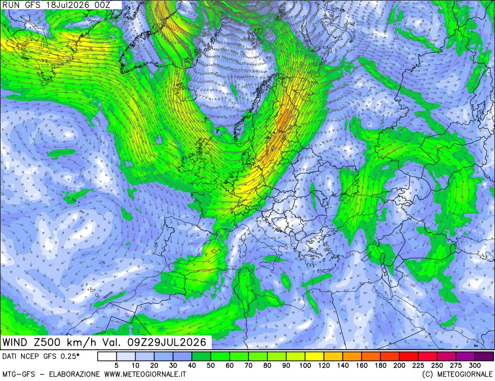 mappa 500 hPa Vento forza e direzione