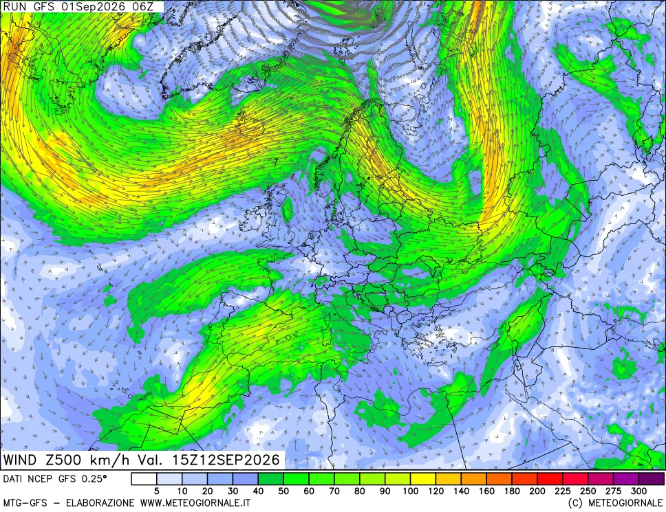 mappa 500 hPa Vento forza e direzione