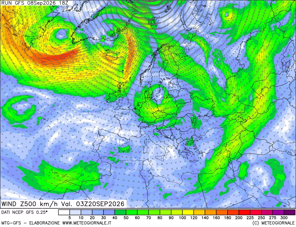 mappa 500 hPa Vento forza e direzione