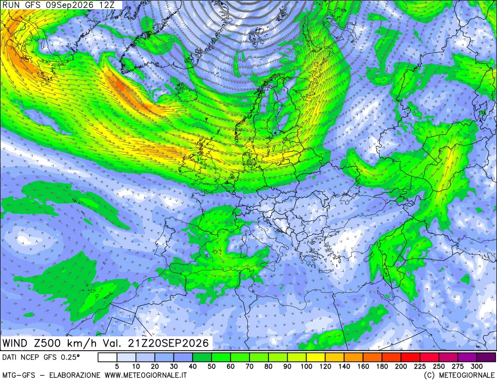 mappa 500 hPa Vento forza e direzione