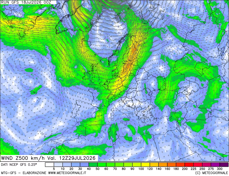 mappa 500 hPa Vento forza e direzione