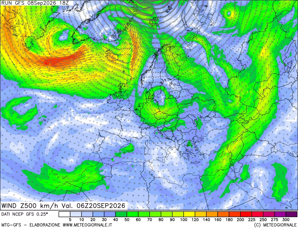 mappa 500 hPa Vento forza e direzione