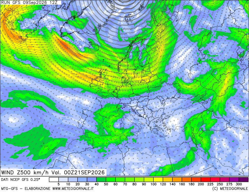 mappa 500 hPa Vento forza e direzione