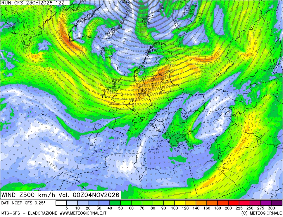 mappa 500 hPa Vento forza e direzione