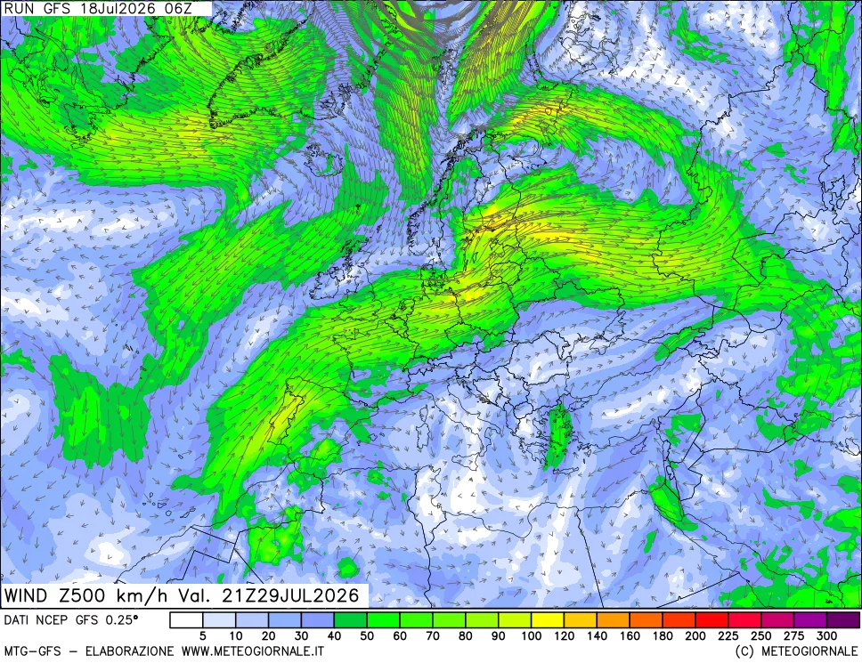 mappa 500 hPa Vento forza e direzione