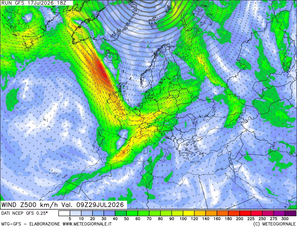 mappa 500 hPa Vento forza e direzione