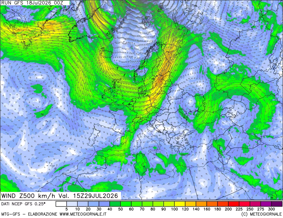 mappa 500 hPa Vento forza e direzione