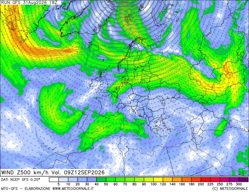 mappa 500 hPa Vento forza e direzione