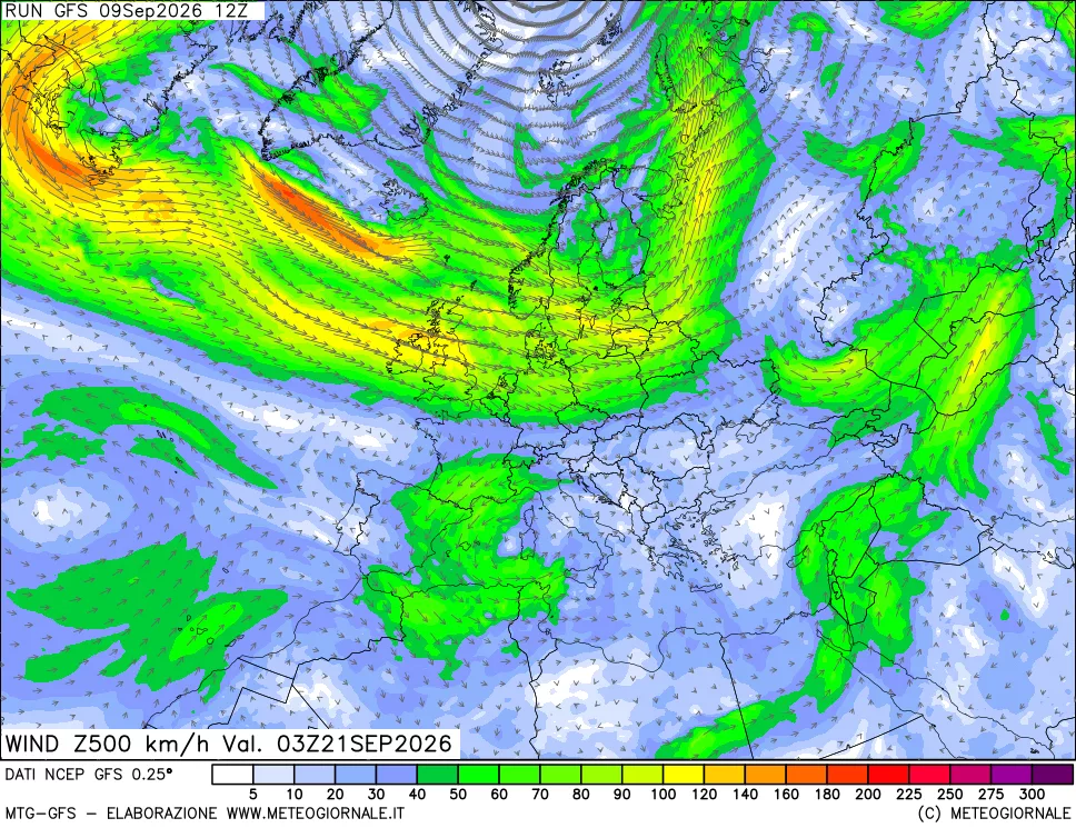 mappa 500 hPa Vento forza e direzione