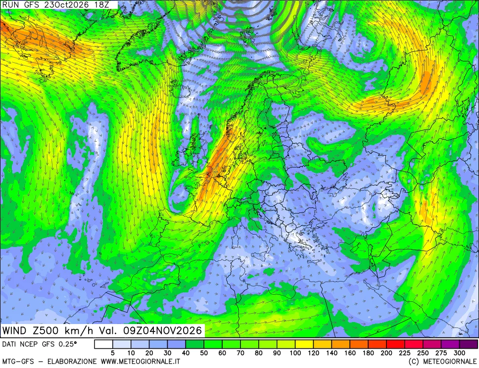 mappa 500 hPa Vento forza e direzione