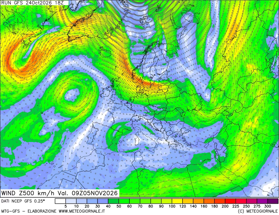 mappa 500 hPa Vento forza e direzione