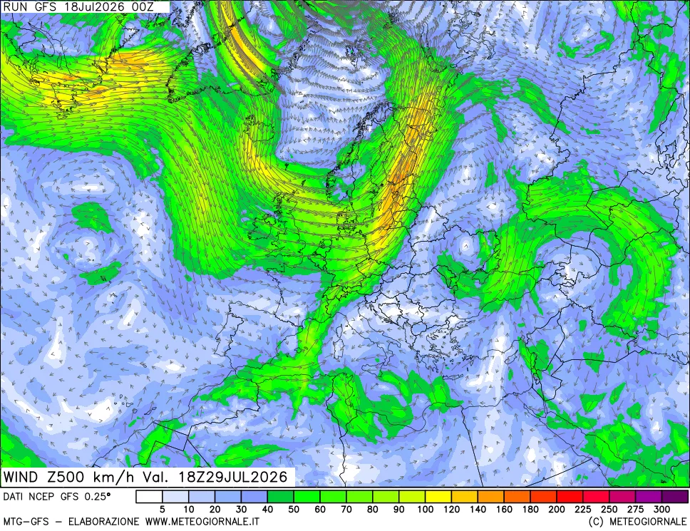 mappa 500 hPa Vento forza e direzione