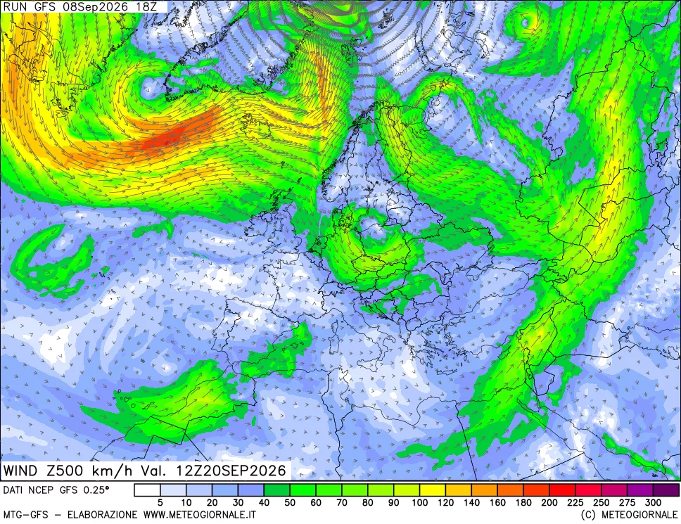mappa 500 hPa Vento forza e direzione
