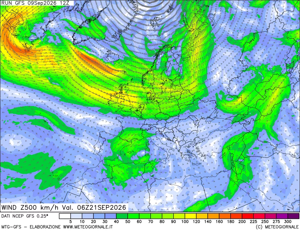 mappa 500 hPa Vento forza e direzione