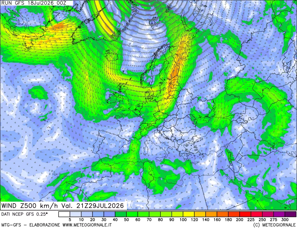 mappa 500 hPa Vento forza e direzione