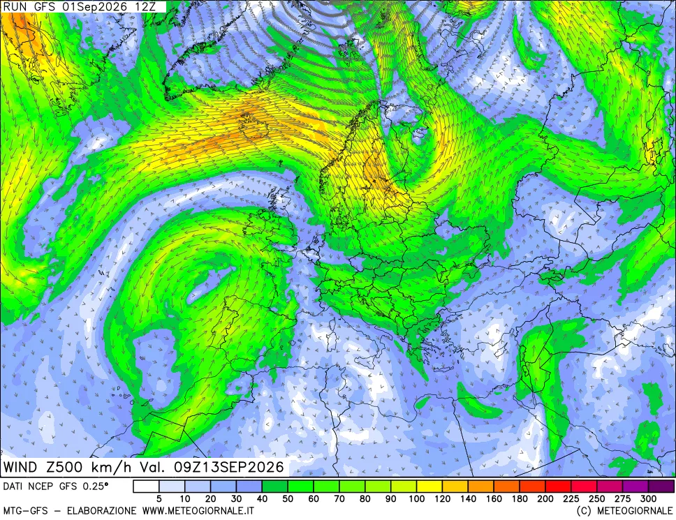 mappa 500 hPa Vento forza e direzione