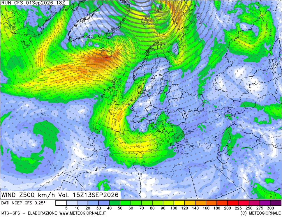 mappa 500 hPa Vento forza e direzione