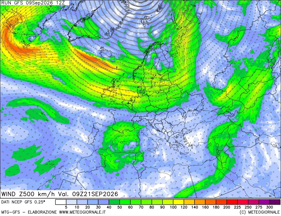 mappa 500 hPa Vento forza e direzione