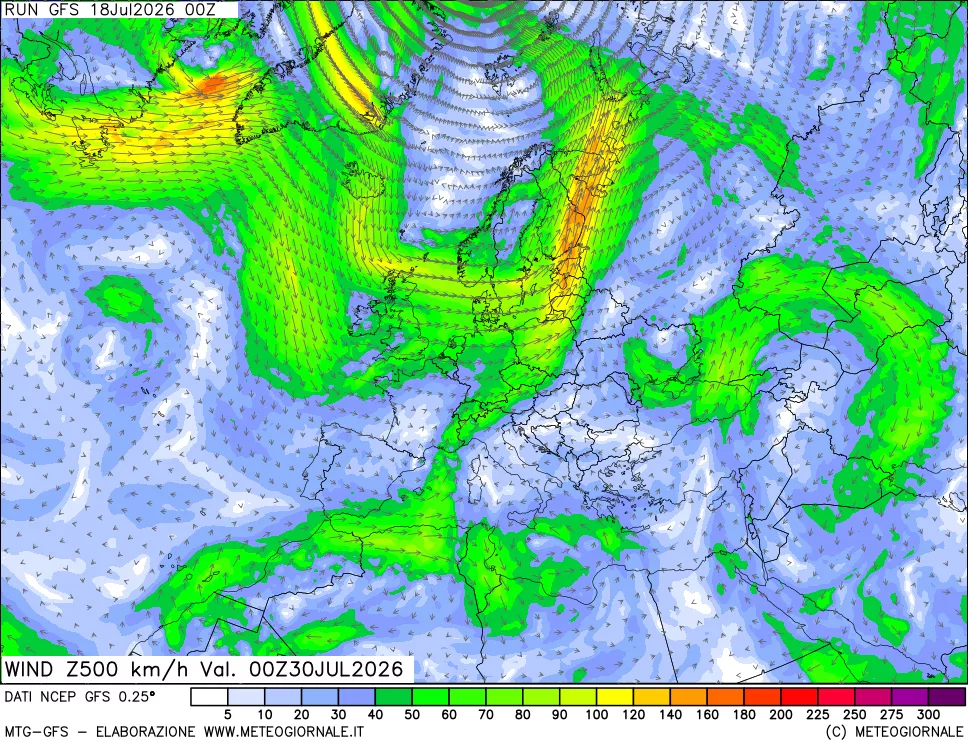 mappa 500 hPa Vento forza e direzione