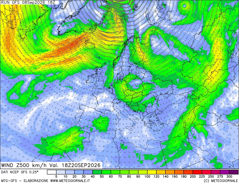 mappa 500 hPa Vento forza e direzione