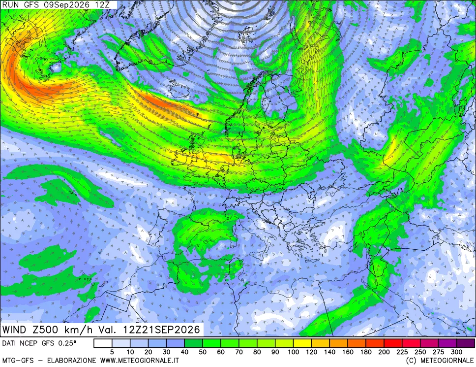 mappa 500 hPa Vento forza e direzione