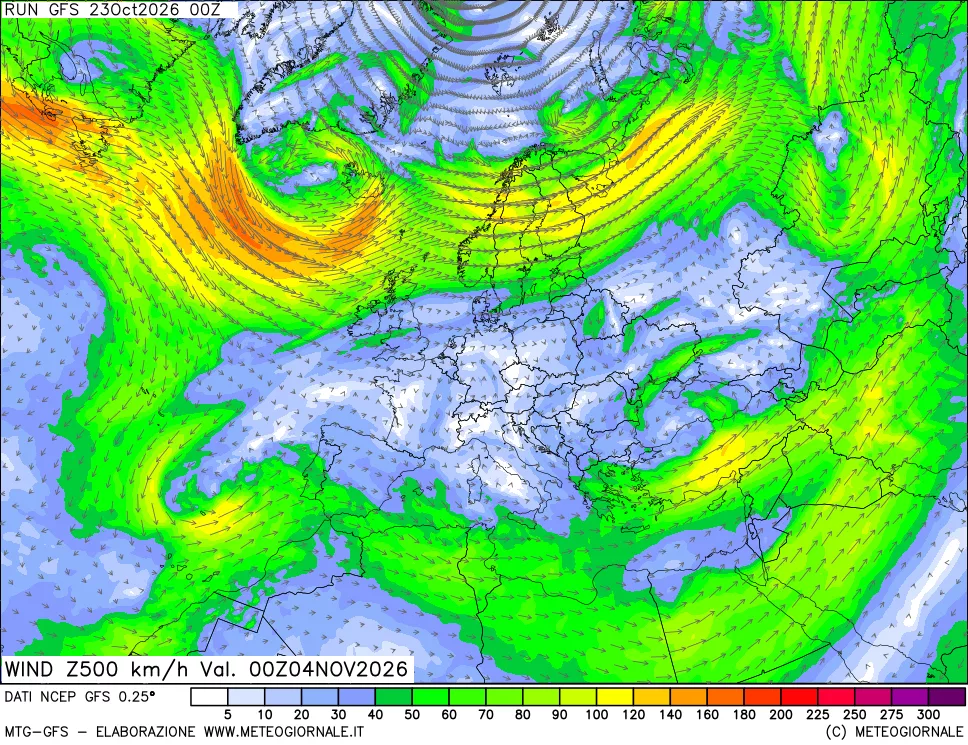 mappa 500 hPa Vento forza e direzione