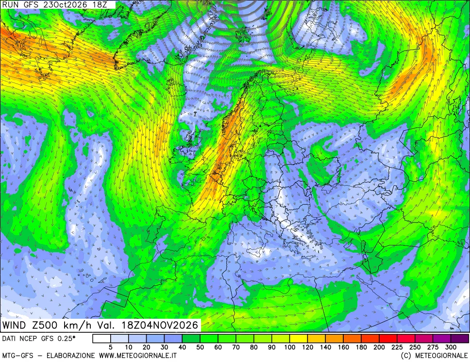 mappa 500 hPa Vento forza e direzione