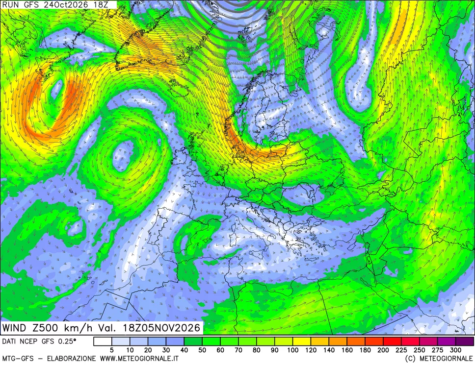 mappa 500 hPa Vento forza e direzione