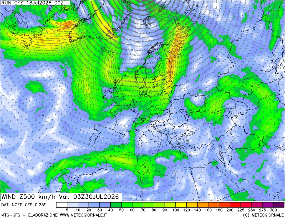 mappa 500 hPa Vento forza e direzione