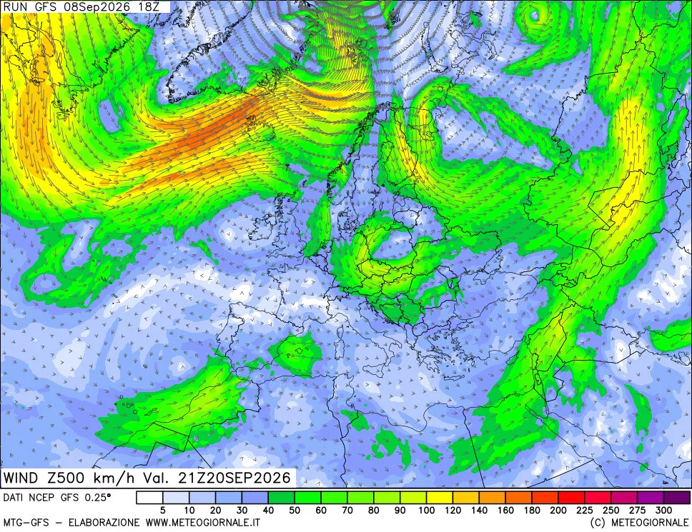 mappa 500 hPa Vento forza e direzione