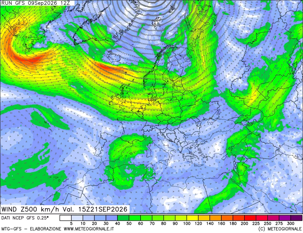 mappa 500 hPa Vento forza e direzione