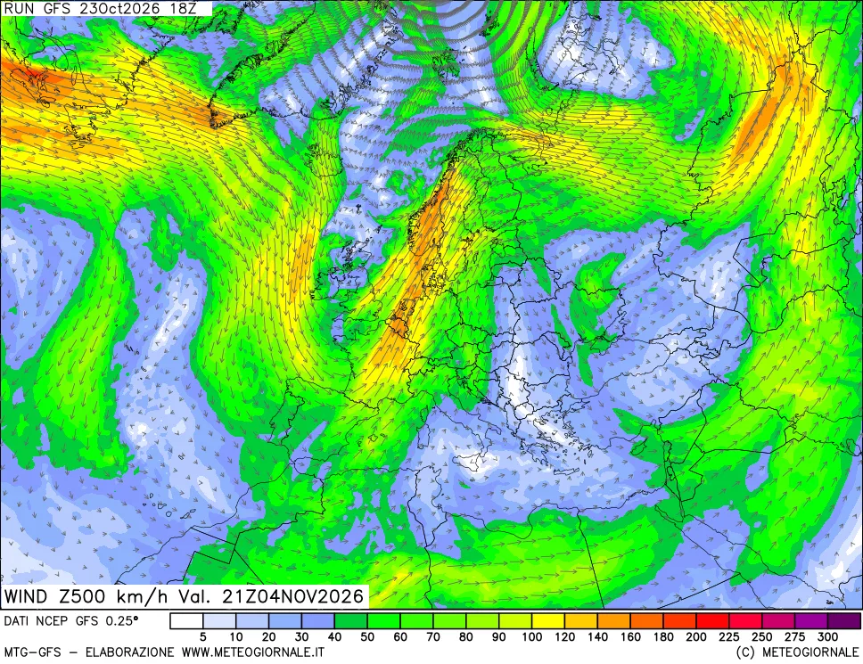 mappa 500 hPa Vento forza e direzione