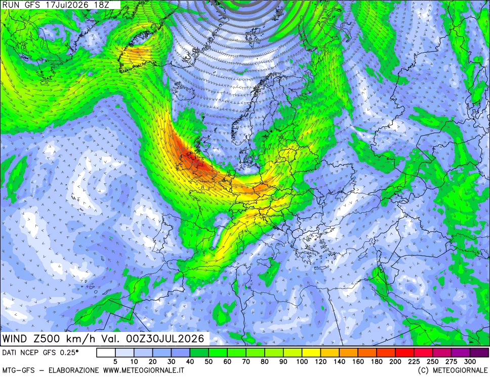 mappa 500 hPa Vento forza e direzione