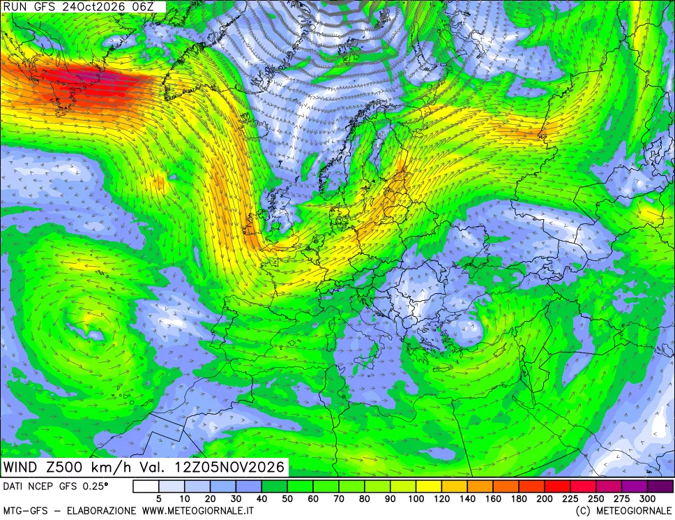 mappa 500 hPa Vento forza e direzione