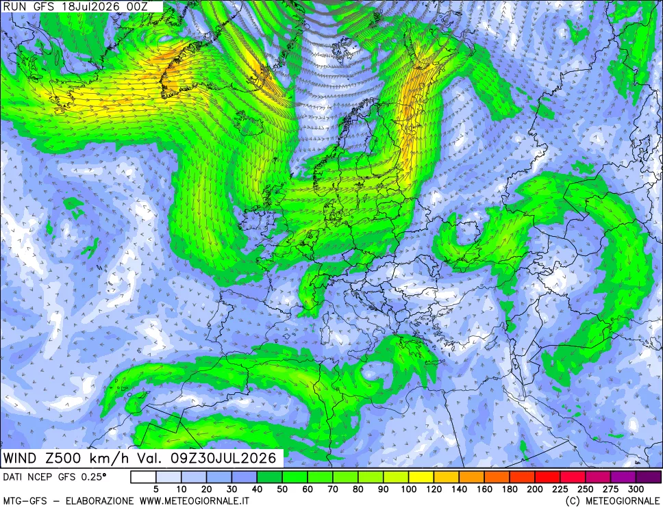 mappa 500 hPa Vento forza e direzione