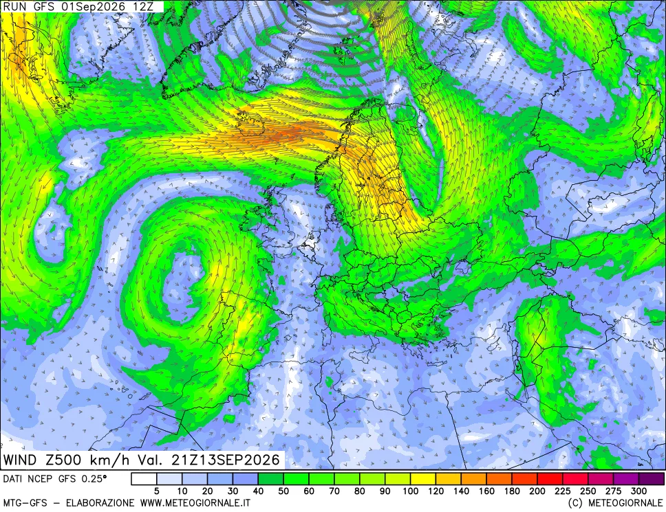 mappa 500 hPa Vento forza e direzione