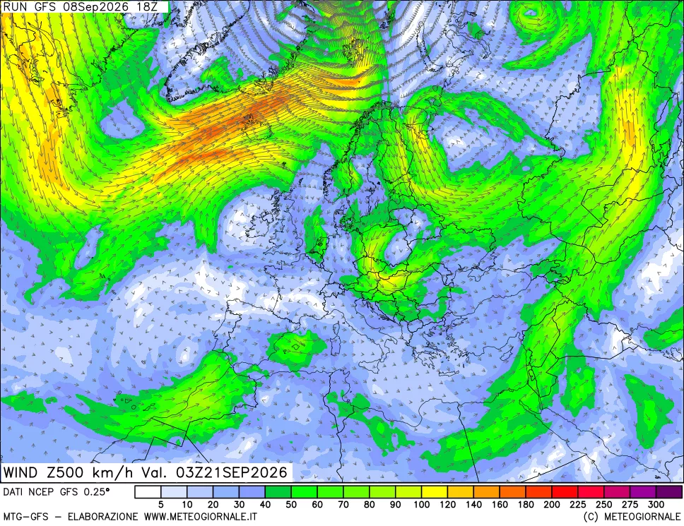 mappa 500 hPa Vento forza e direzione