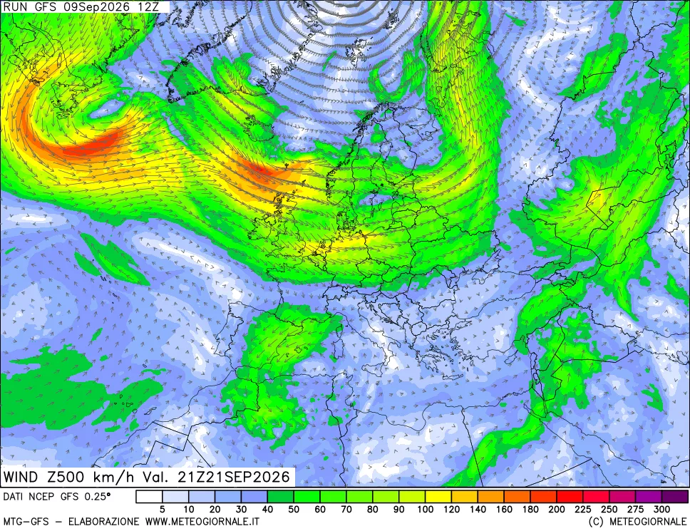 mappa 500 hPa Vento forza e direzione