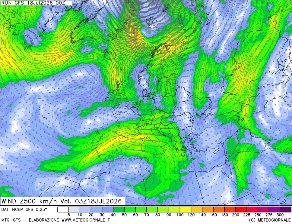 mappa 500 hPa Vento forza e direzione