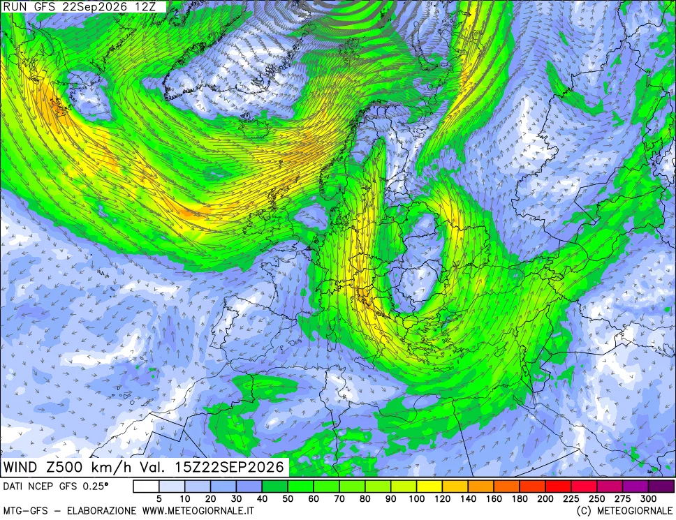 mappa 500 hPa Vento forza e direzione
