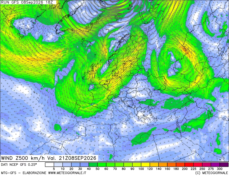 mappa 500 hPa Vento forza e direzione