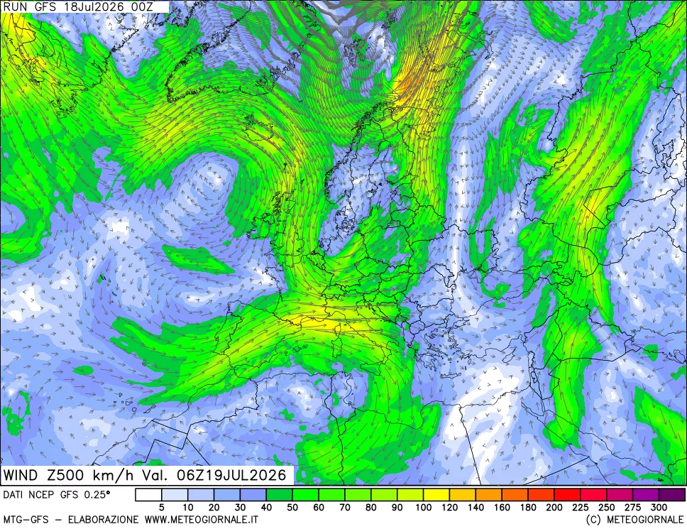 mappa 500 hPa Vento forza e direzione