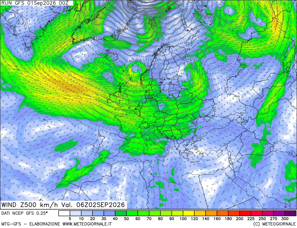 mappa 500 hPa Vento forza e direzione