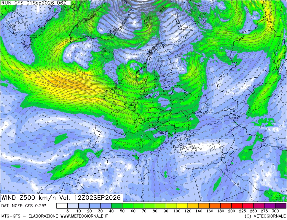 mappa 500 hPa Vento forza e direzione
