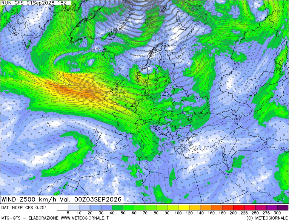 mappa 500 hPa Vento forza e direzione