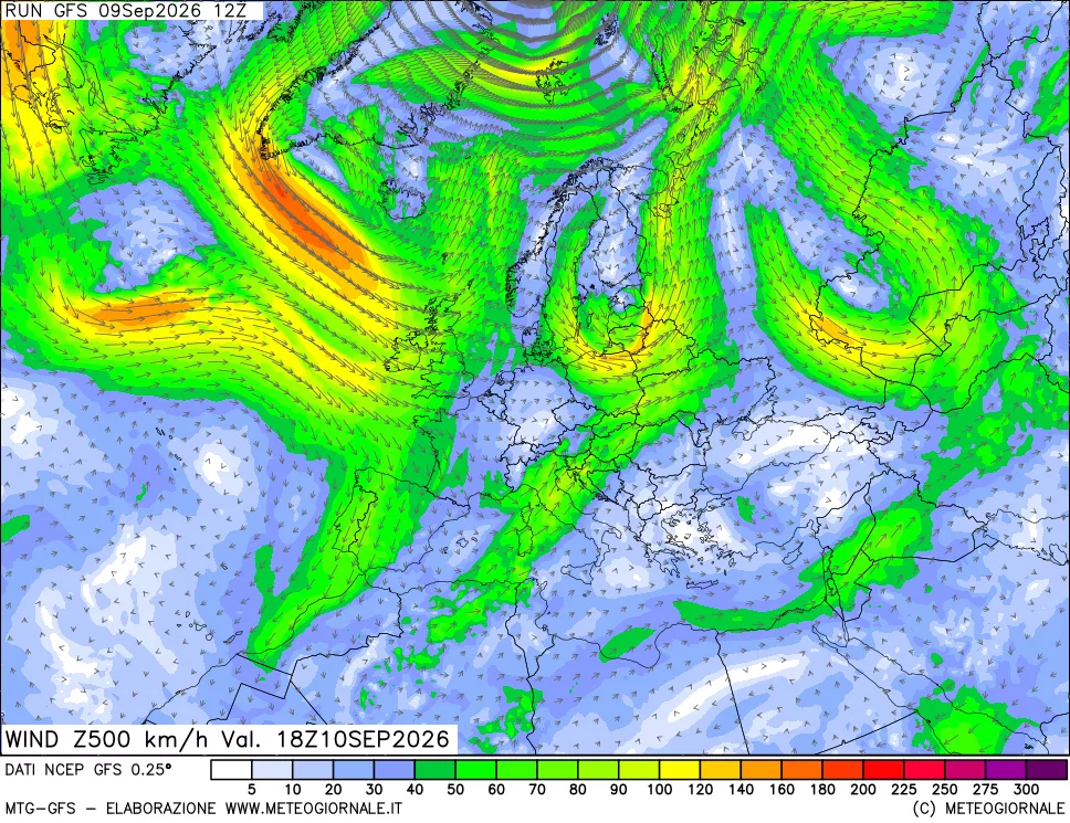 mappa 500 hPa Vento forza e direzione