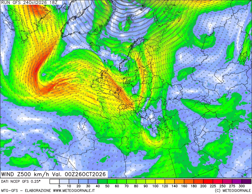 mappa 500 hPa Vento forza e direzione