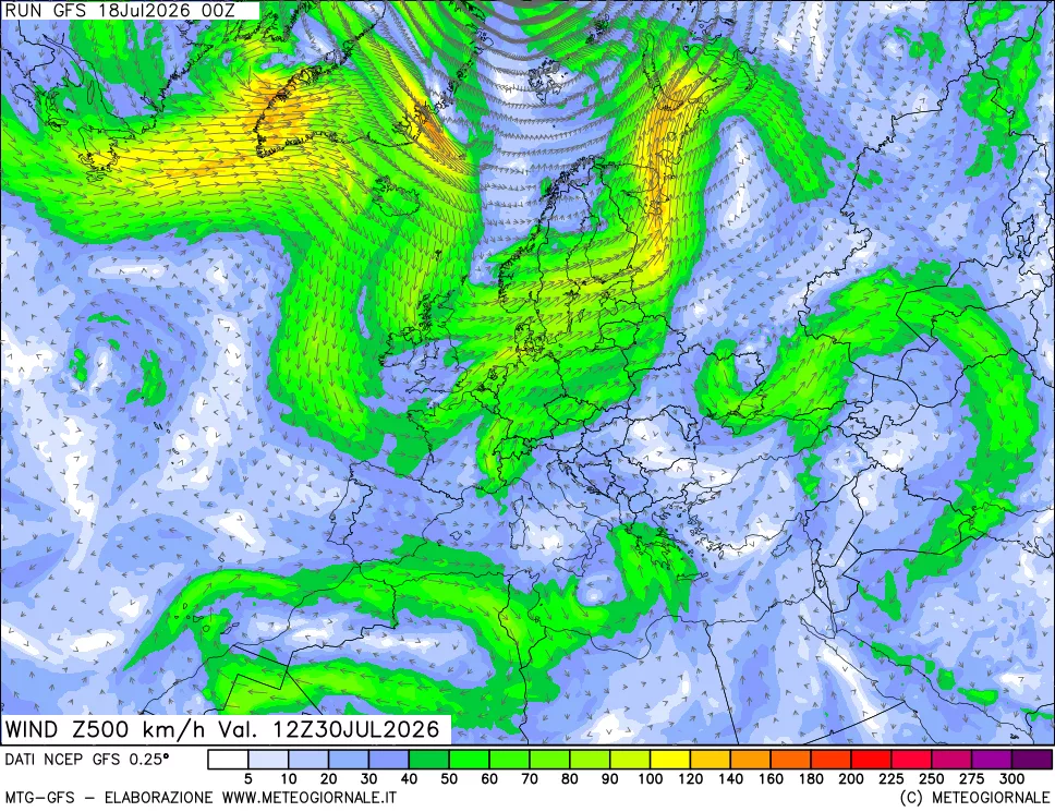 mappa 500 hPa Vento forza e direzione